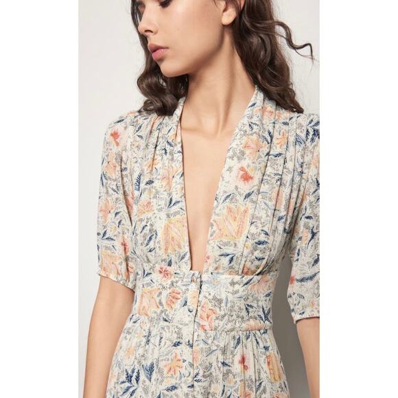 BA&SH Idol Dress Ecru Floral Midi Spring Flower Feminine Size 6 V-Neck Boho Bash - Picture 2 of 11